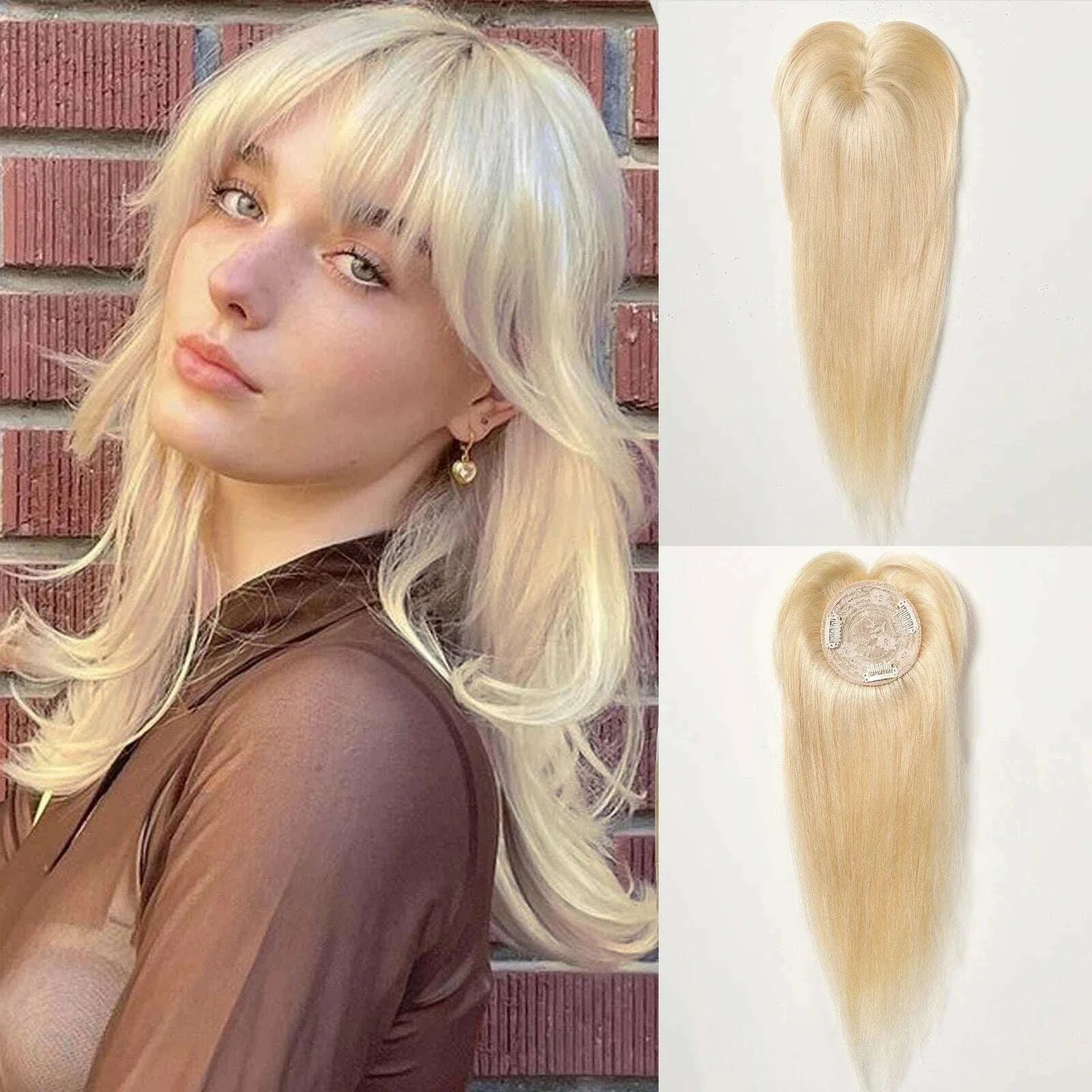 10/12/14 inches Hair Toppers for Women Brown Blonde Ombre Human Hair Toppers Silk Base Clips in Hair Extension Topper With Bangs