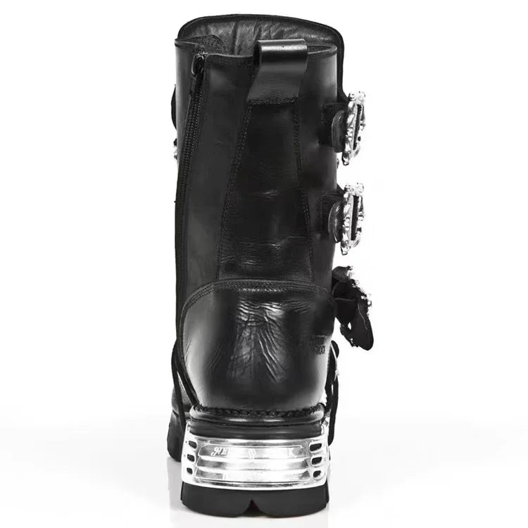 Men's Fashion Genuine Leather Motorcycle Boots Goth Skull Punk New Unisex Mid-calf Cowboy Boots Metallic Combat Boots