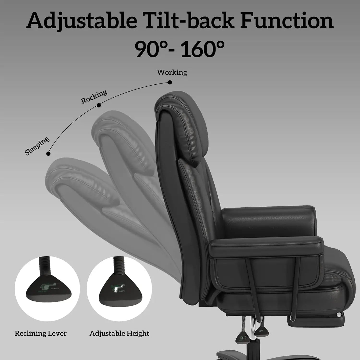 Big and Tall Office Chair 400LBS, 160° High Back Reclining Office Desk Chair with Wide Seat, Arms, Footrest, Black - Kimlud