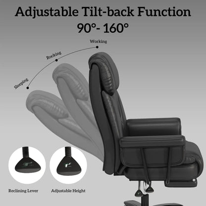 Big and Tall Office Chair 400LBS, 160° High Back Reclining Office Desk Chair with Wide Seat, Arms, Footrest, Black - Kimlud