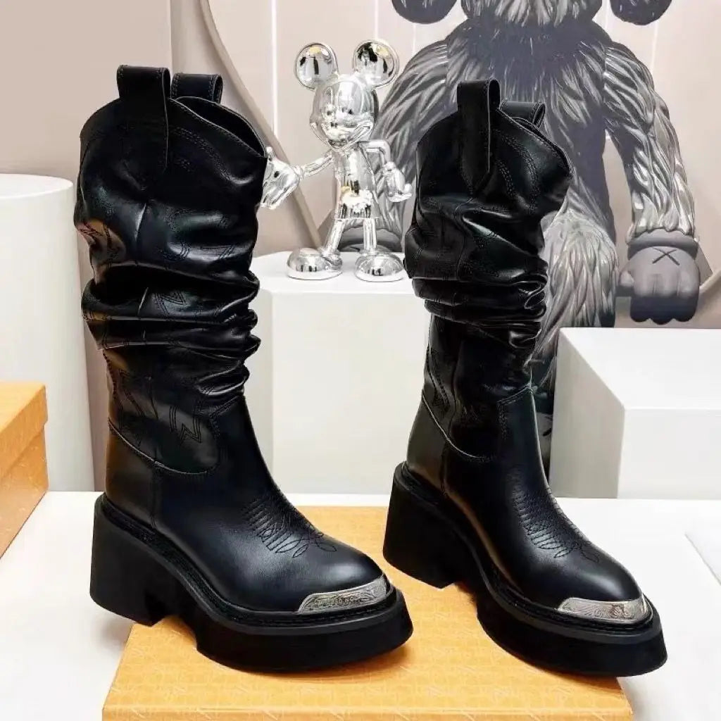 women heightened same thick-soled knight western cowboy 2026 temperament elastic stacking boots - Kimlud