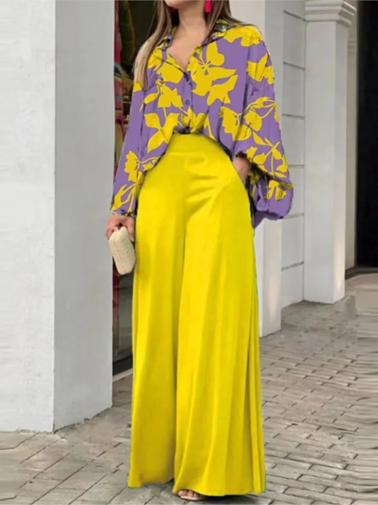 Fashion Print Set Women Casual Long Sleeve Button Shirt+Pockets High Waist Wide Leg Pants Office 2 Piece Sets Lady Spring Summer