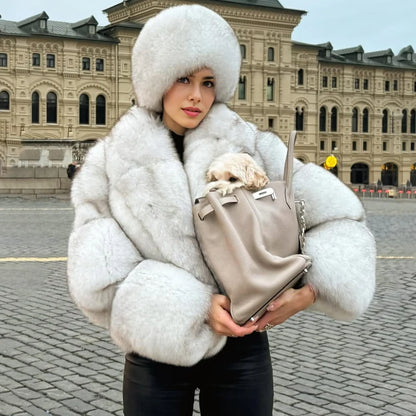 Natural Fox Fur Coat With Turndown Collar Women's Fox Cropped Jacket Genuine Fur Outerwear Hot Selling Short Real Fur Coat
