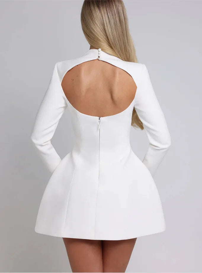 Women High Waist A-line Party Birthday Club Dresses Spring Autumn Black White Dress Luxury Long Sleeves Backless Sexy Mini Dress - Kimlud