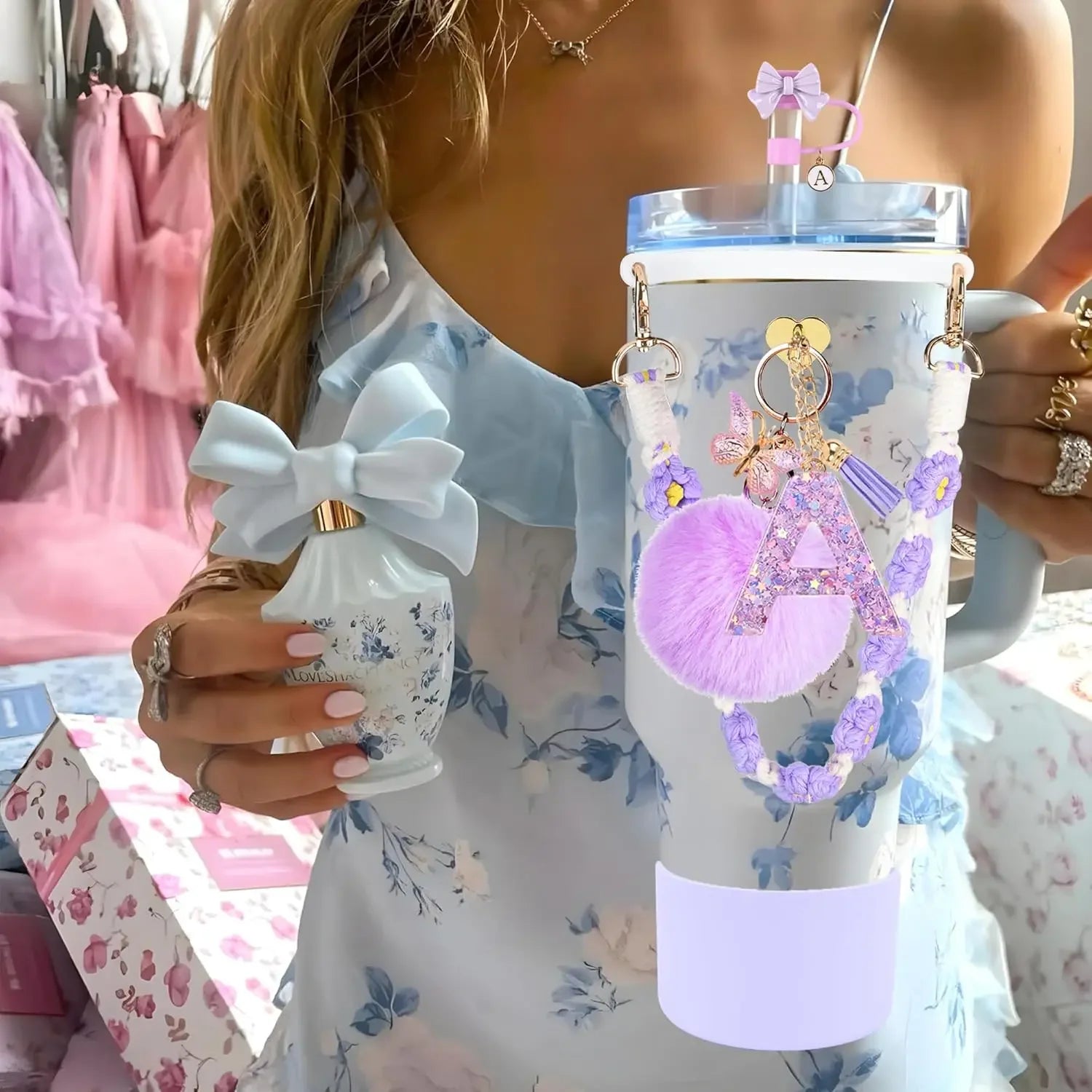 7PCS Accessories Set for Stanley Cup Purple Straw Topper Cup Boot Water Bottle Handle Strap Letter Charms 40oz 30oz Tumbler