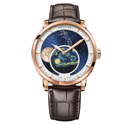 AGELOCER Original Astronomer Watch Men's Business Luxury Gold Watch Automatic Mechanical Moon Phase Watch Birthday Gift for Men