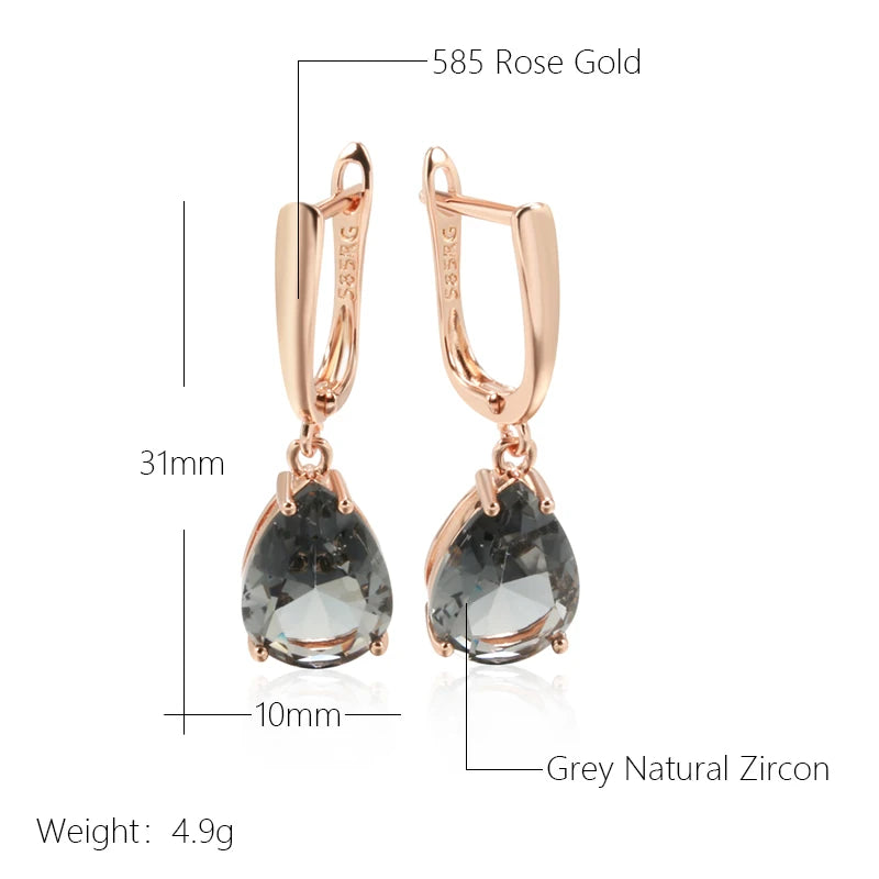Kinel New Grey Crystal Long Water Drop Dangle Earrings Women 585 Rose Gold Color With Natural Zircon High Quality Daily Jewelry