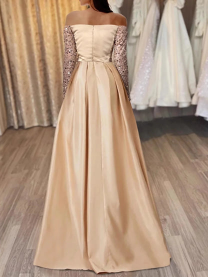 Elegant Luxurious Sequins Women Evening Dress Off Shoulder Slim Long Sleeve Autumn Party Dress Prom Formal Maxi Dresses Vestidos