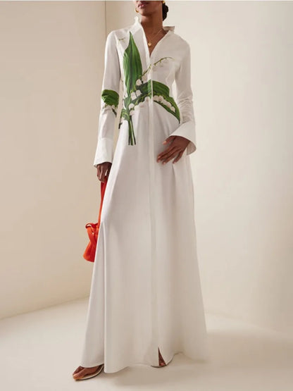 Women's Elegant Floral Printed Formal Office Shirts Dress Long Sleeves Buttoned Stand Collar Party Evening A-line Maxi Dresses - Kimlud