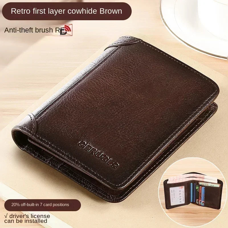Men Wallet Genuine Leather Rfid Blocking Trifold Wallet Vintage Thin Short Multi Function ID Credit Card Holder Male Purse Money