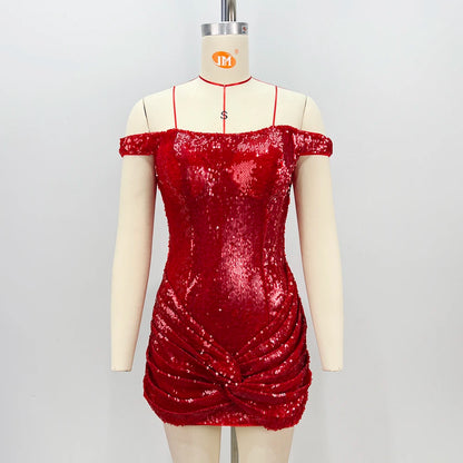 VC Party Dazzling Glamour Red Sequin Off-Shoulder Ruched Mini Dress Fashion Sexy Prom Gown