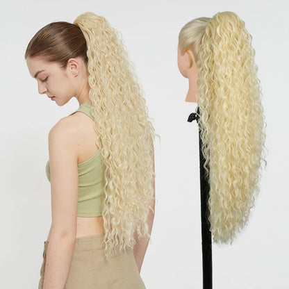 Julianna Synthetic Kanekalon Black Drawstring Water Wave Ponytail Extension Female Curly Wavy Clip In Ponytail Hair Extension