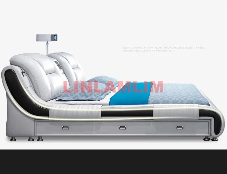 Genuine Leather Bed Multifunctional Beds Ultimate Massage Camas with Bluetooth,Speaker,Safe,Air Cleaner,...
