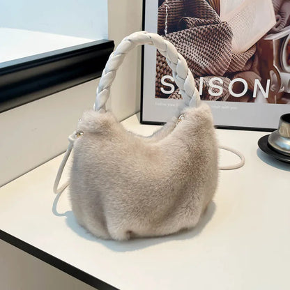 Fluffy Texture Vwrastile Crossbody Bag Women Winter Fashion Furry Bucket Bag with Braided Leisure Handle Shoulder Storage Bags