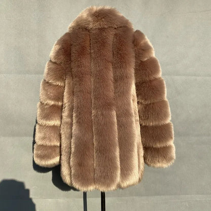 2025 Winter Women's Mid-Length Faux Fox Fur Coat Plush Luxe Warm faux fur Trench Elegant Thermal Outerwear Faux Fur Tops