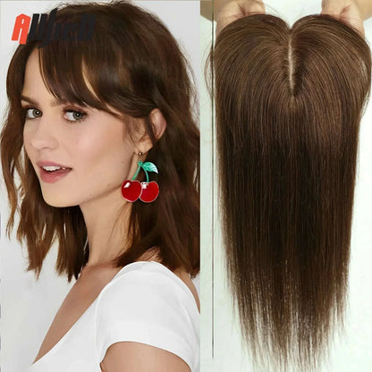 10/12/14 inches Hair Toppers for Women Brown Blonde Ombre Human Hair Toppers Silk Base Clips in Hair Extension Topper With Bangs