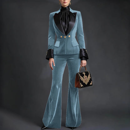 Luxury Velvet Women's Burgundy Suits Three Buttons 2-Piece Set Vintage Satin Peaked Lapel Blazer Flared Pants Evening Outfit