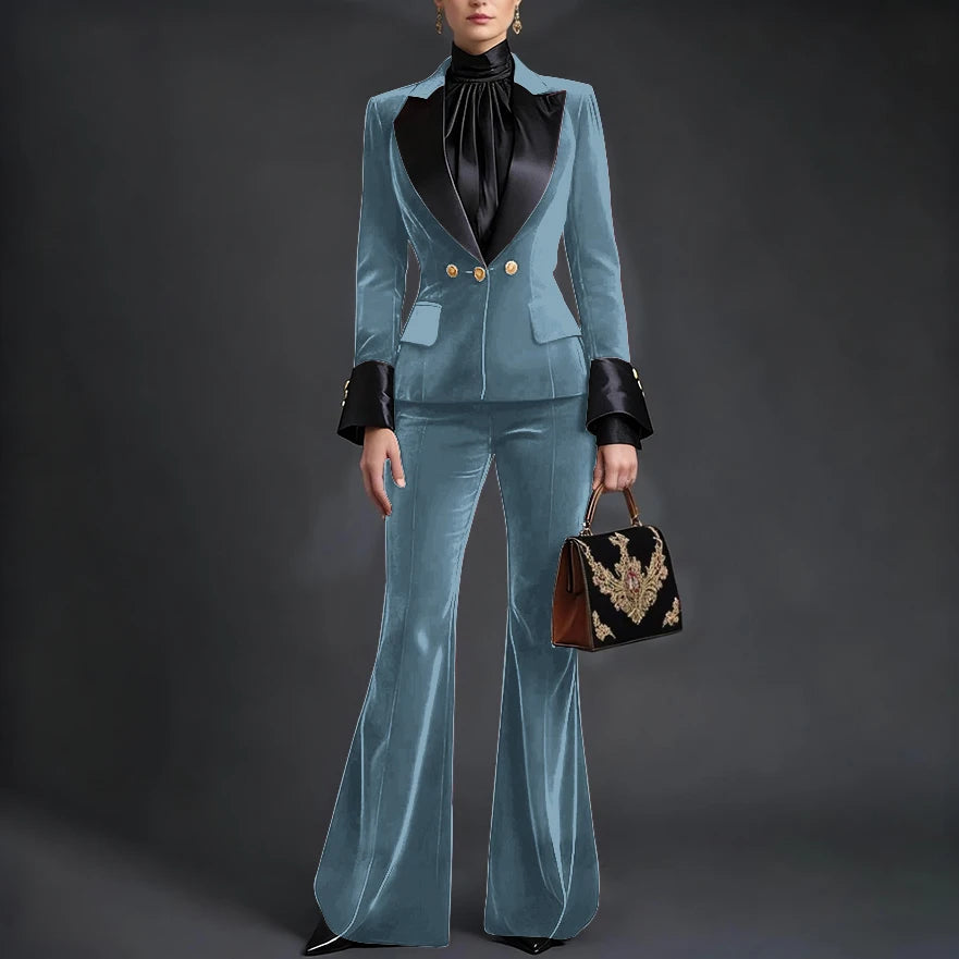 Luxury Velvet Women's Burgundy Suits Three Buttons 2-Piece Set Vintage Satin Peaked Lapel Blazer Flared Pants Evening Outfit