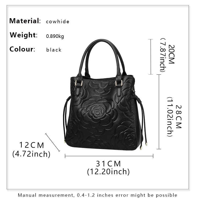 Aidrani Fashion Genuine Leather Women's Bag Large Capacity Women's Handbag Black Embossed Cowhide Shoulder Bag