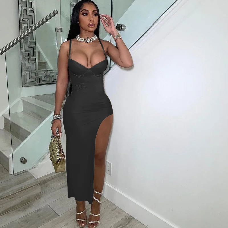 Sexy Spaghetti Strap High Split Party Dress Women Night Sleeveless Backless Slim Bodycon Maxi Dress Elegant Birthday Prom Dress