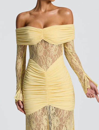 GACVGA Elegant Mesh Lace Patchwork Bodycon Maxi Dress for Women Summer Sexy Off-Shoulder Sheer Party Club Evening Long Dress