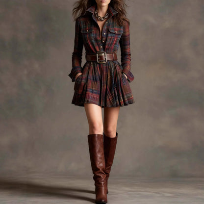 2025 European and American autumn new temperament plaid long-sleeved short skirt + belt, party dress, women's dress