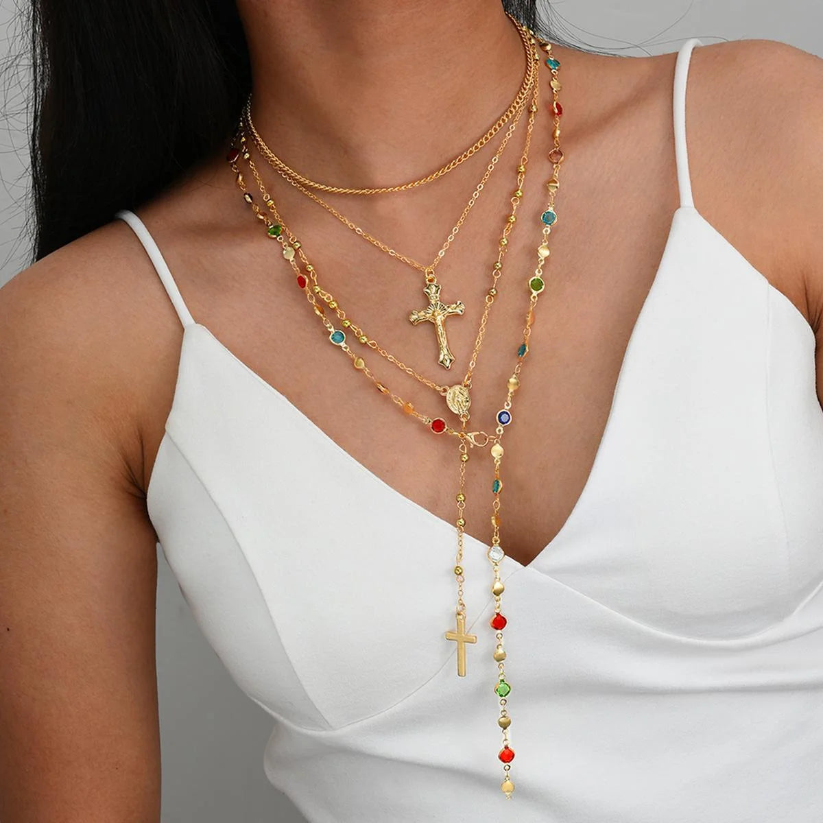 4Pcs/Set Cross Colorful Crystal Necklaces For Women Simple Gold Silver Color Y-Shaped Pendant Necklace Set New Christian Jewelry