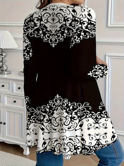 Elegant Plus Size Women's Long Sleeve Open Front Cardigan with Black and White Floral Print Design