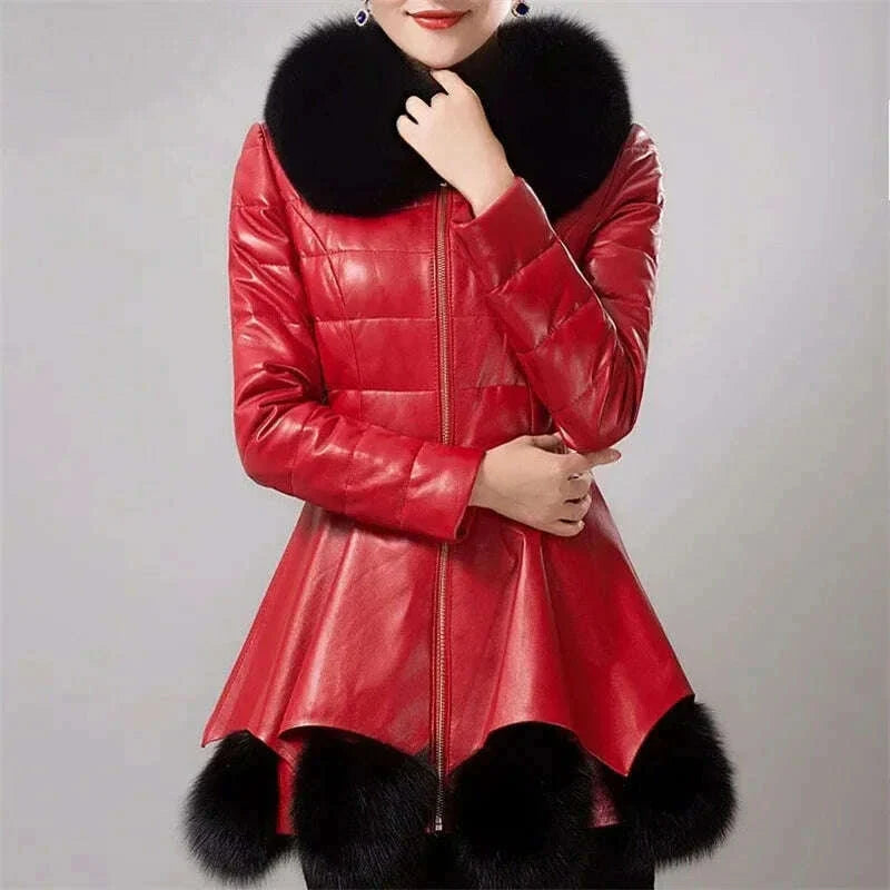 2025 Winter New PU Leather Jacket Faux Fur Coat Women's Thick Warm Cotton Jacket Long Slim Oversize Leather Coat Fur Collar Coat