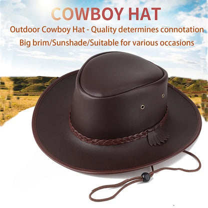 Combhasaki Mens Western Cowgirl Hats with Adjustable String Artificial Leather Wide Brim Outdoor Fashion Unisex Sunshade Cap