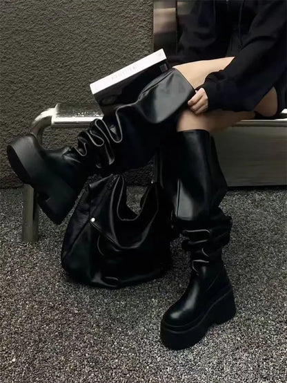 Women Platform Knee High Boots Fashion Pleated Round Toe Square Heel Leather Boots Black Party Dress Women Shoes Large Size35-40