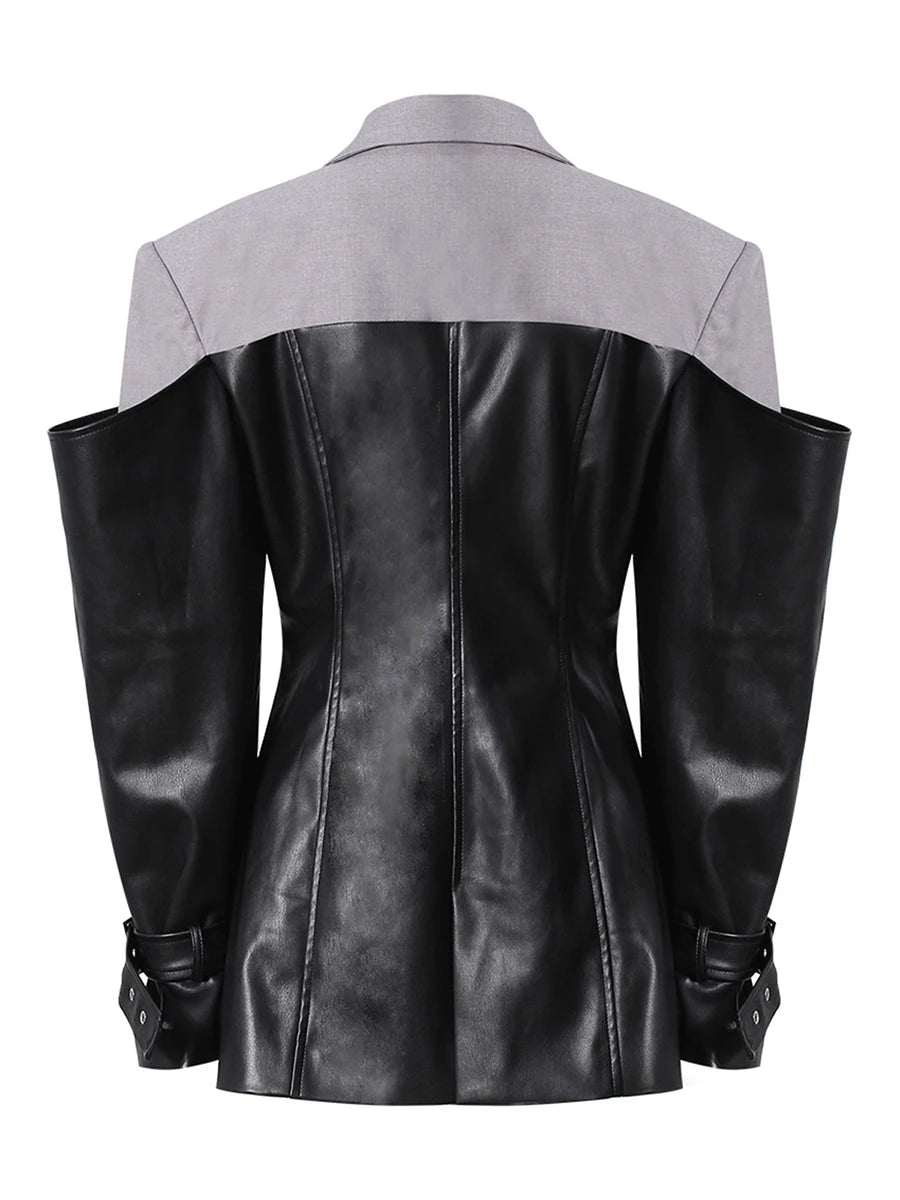 TWOTWINSTYLE Hit Color Slimming Fashion Jackets for Women Lapel Long Sleeves Tunic Patchwork Leather Streetwear Jacket Female - Kimlud