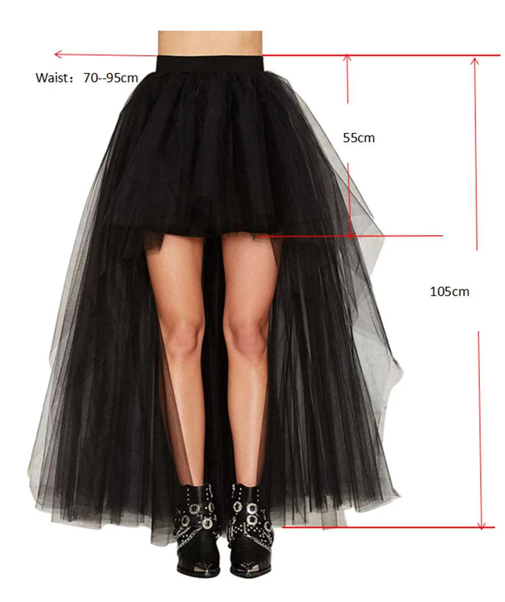 MisShow Hi-Lo Gothic Punk Tutu Skirt Soft Tulle Elastic Waist High Low Mesh Net Halloween Cosplay Costume Maxi Women Dress