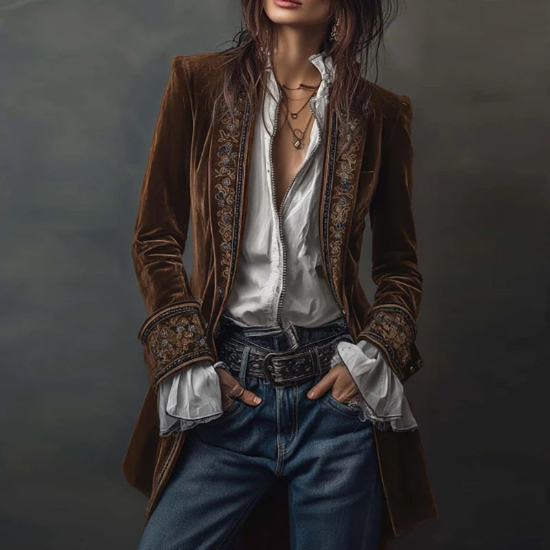 Ethnic Retro Floral Print Velvet Woman Blazer Jacket Sexy Notched Collar Slim Autumn Outerwear Long Sleeve Winter Cardigans Coat