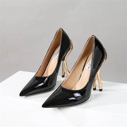 Deigner Gold Hip High Heels Runway Women Pumps Pointed Toe Strange Heel Dress Shoes Black Patent Leather Ladies Stiletto