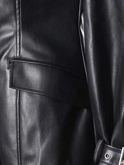 TWOTWINSTYLE Hit Color Slimming Fashion Jackets for Women Lapel Long Sleeves Tunic Patchwork Leather Streetwear Jacket Female - Kimlud