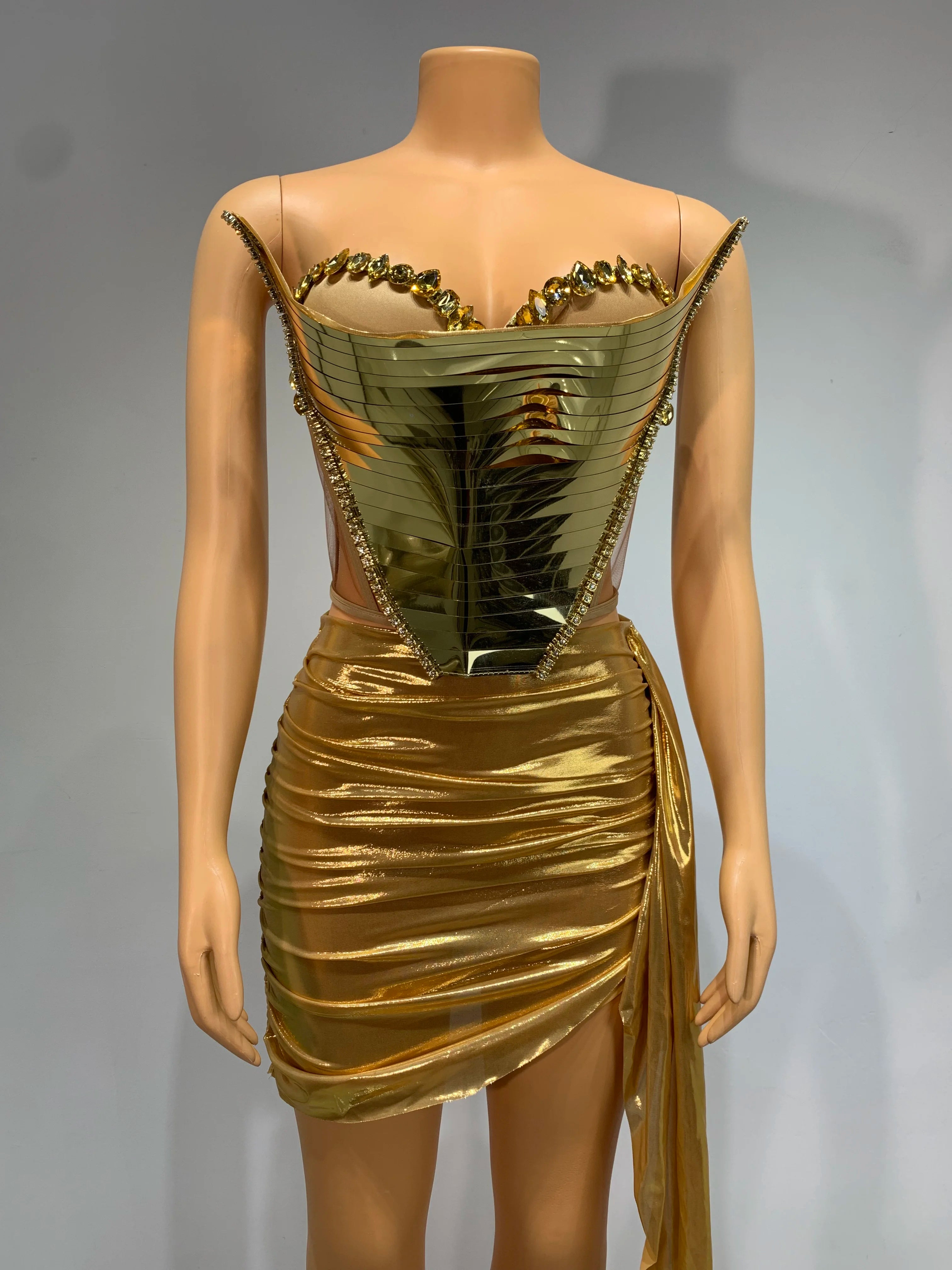 2024 Sparkly Gold Sexy Top Two Pieces Short Skirt Set Women Celebrate Party NightClub Performance Dancer Show Stage Outfit