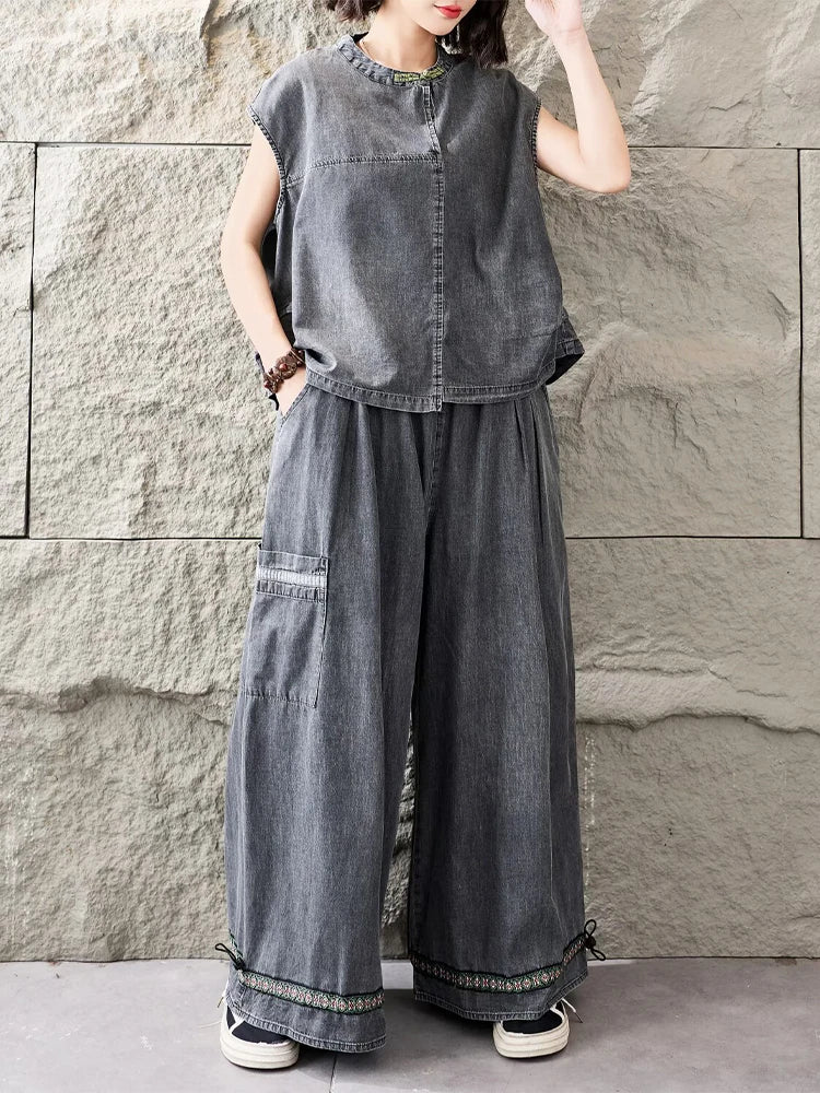 Amax LuluE Korean Summer Women Vintage 2 Pieces Sets Denim Suits Soild O Neck T-Shirts Fashion Jeans Causal Pants Loose Outfits - Kimlud