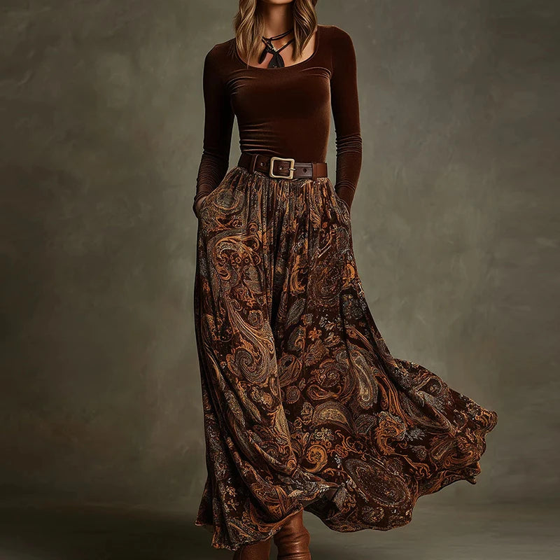 Autumn Winter Women's O Neck Pullover Top And Maxi Skirt Two-Piece Set Long Sleeve Chic Holiday Fashion Outfit Ladies Suits 2025