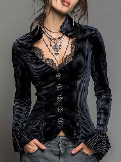 Women's Gothic Black Striped Blouse Lace Trim V Neck Long Bell Sleeve Button Front Shirt Vintage Punk Party Tops