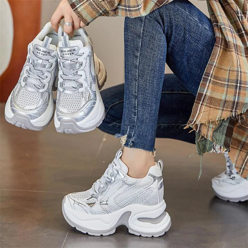 2025 12cm Synthetic Air Mesh Genuine Leather Vulcanize Chunky Sneakers Summer Autumn Leisure Spring Women Platform Wedge Pumps - Kimlud