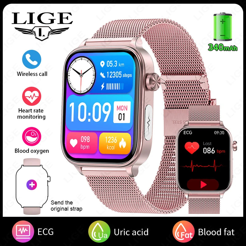 LIGE 2025 New ECG+PPG AI Healthy Diagnose Smart Watch Men Women Blood Lipid Uric Acid Female Menstrual Health Tracker Smartwatch