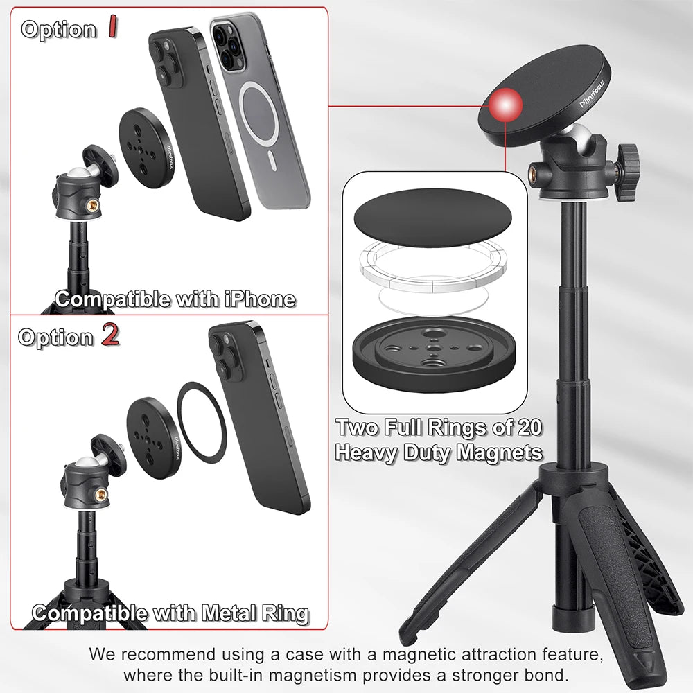 Magnetic Smartphone Tripod for MagSafe, Mini Extendable Selfie Stick 360° Ball Head Tripod Stand Handle Grip for iPhone 14 13 12