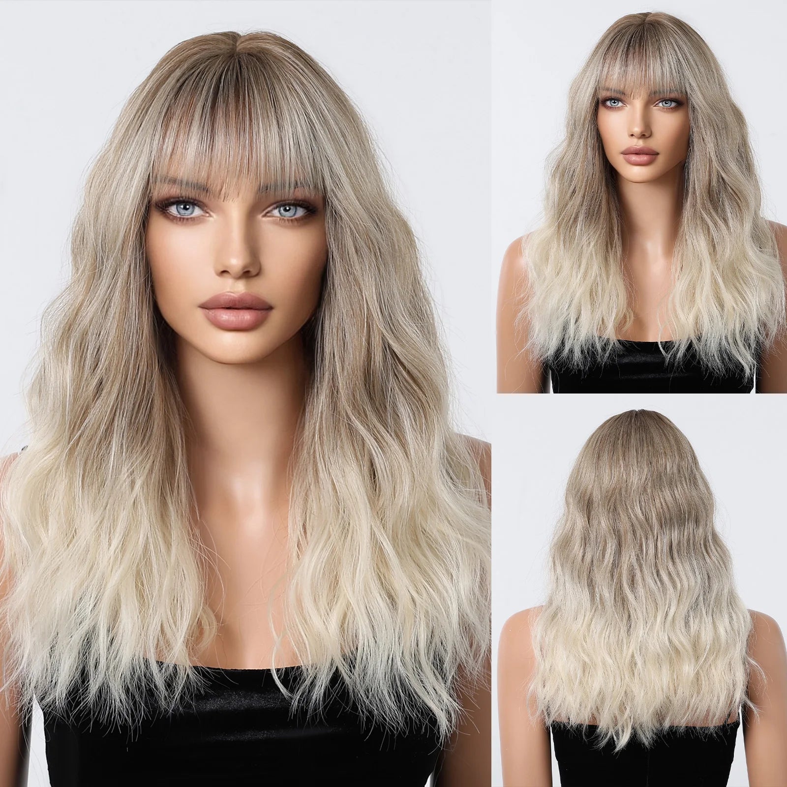 Golden Blonde Mixed Synthetic Wig Dark Root Wavy Hair With Side Bangs for Women Daily Party Cosplay wig Heat Resistant Fiber