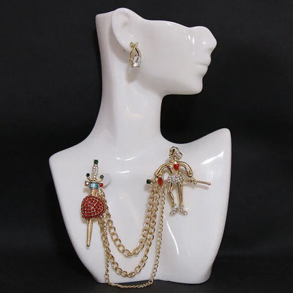 Vintage Fashion Black Crystal Sparkling Rhinestone Brooch Creative Lapel Pin Medieval Design Long Chain Brooches Autumn Winter