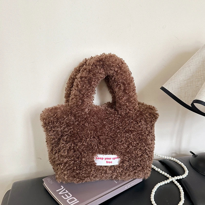 Korean Style Winter Bag Soft Fluffy Handbag Women's Bag Khaki Plush Crossbody Bag Versatile Bolsas Feminina Warm Lamb Wool Totes