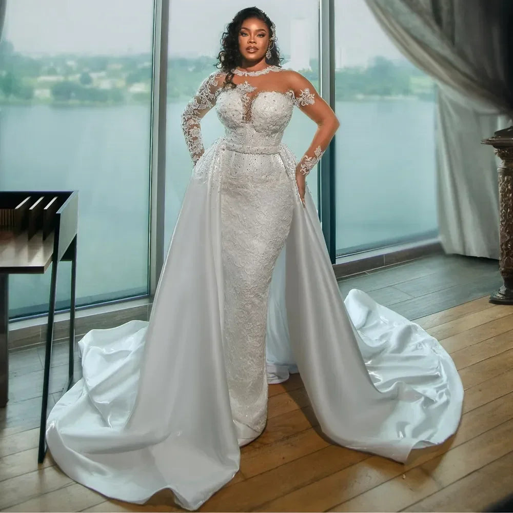 Customized Sexy Arabic Mermaid Wedding Dresses Sheer Neck Lace Applique Beads Long Sleeves Removable Tail Bridal Gowns Africa