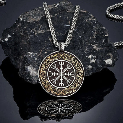 Vintage Ouroboros Vikings Rune Compass Necklace Men Norse Amulet Stainless Steel Pendant Genuine Leather Chain Icelandic Jewelry