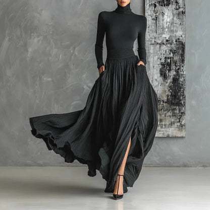 Elegant Cotton Linen High Collar Top High Waist Midi Skirt Set Comfortable Casual Urban Style Polyester Long Sleeve Women's Suit