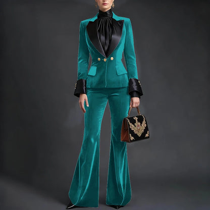 Luxury Velvet Women's Burgundy Suits Three Buttons 2-Piece Set Vintage Satin Peaked Lapel Blazer Flared Pants Evening Outfit